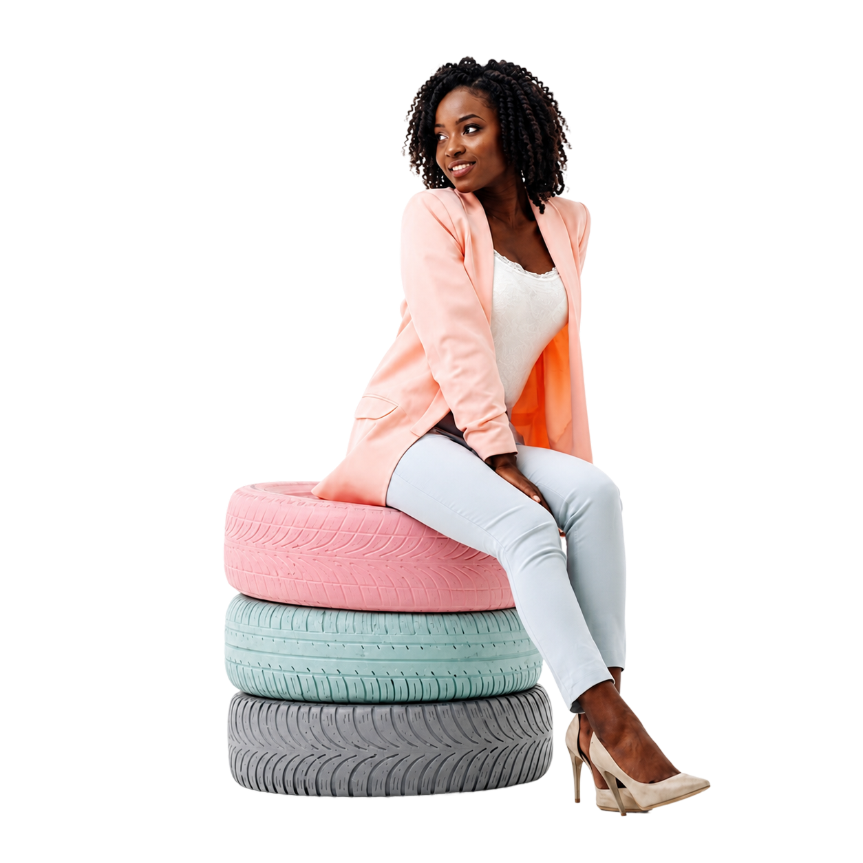 Fashion model sitting on stacked rings